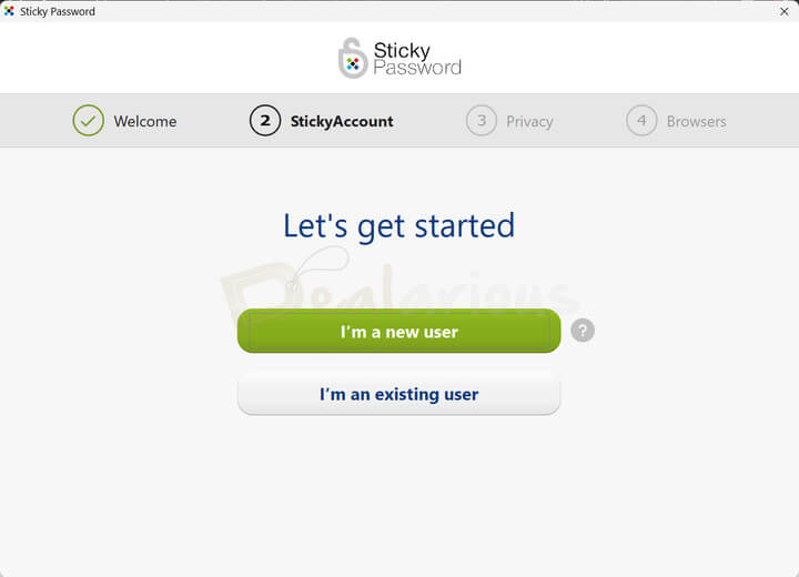Sticky Password setup screen with options for new users and existing users during account setup