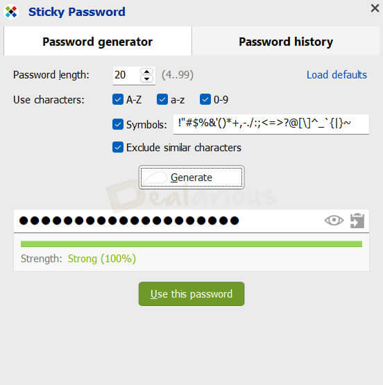 Sticky Password password generator creating a strong password.