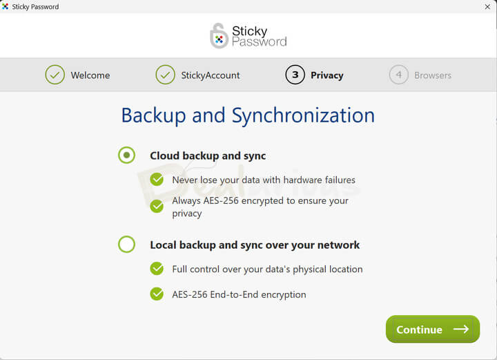 Sticky Password backup and synchronization settings showing cloud sync and local Wi-Fi sync options with AES-256 encryption.