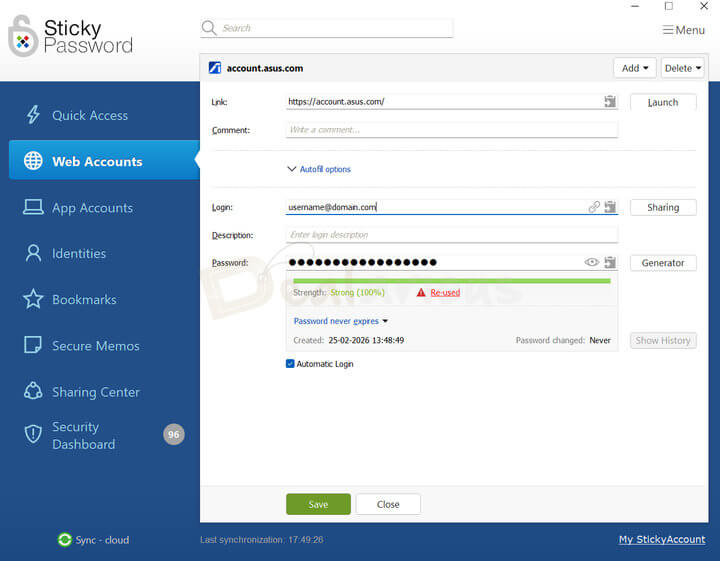 Sticky Password Web Accounts window showing saved login details with autofill and password strength indicator