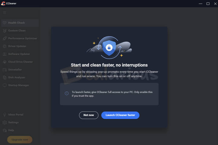 CCleaner 7 launch prompt asking user to enable full access for faster startup and uninterrupted cleaning