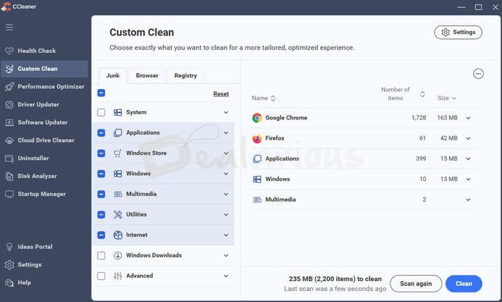 CCleaner 7 Custom Clean section showing Junk, Browser, and Registry tabs with cleaning options for Google Chrome, Firefox, and Windows applications