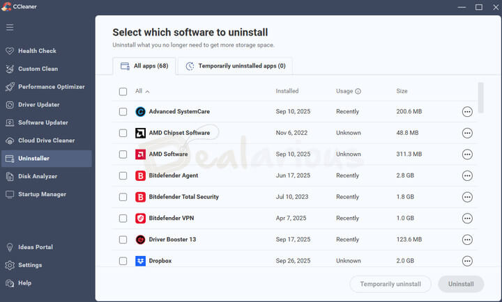 CCleaner 7 Uninstaller section showing a list of installed software including Advanced SystemCare, Bitdefender, and Dropbox with uninstall and temporary uninstall options