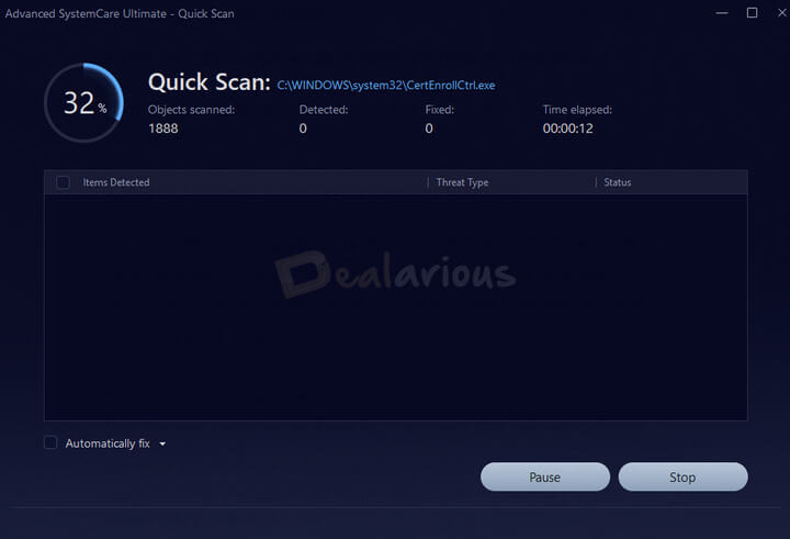 Advanced SystemCare Ultimate running a Quick Scan in the antivirus section.