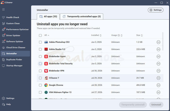 CCleaner 7 Uninstaller showing installed applications and temporary uninstall options
