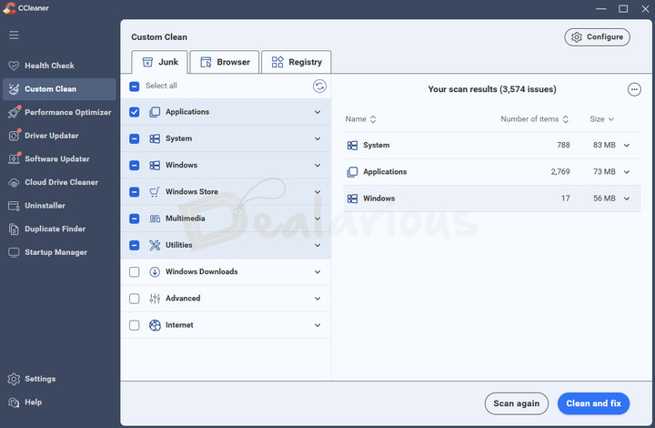 CCleaner 7 Custom Clean scan results for system, applications, and Windows items