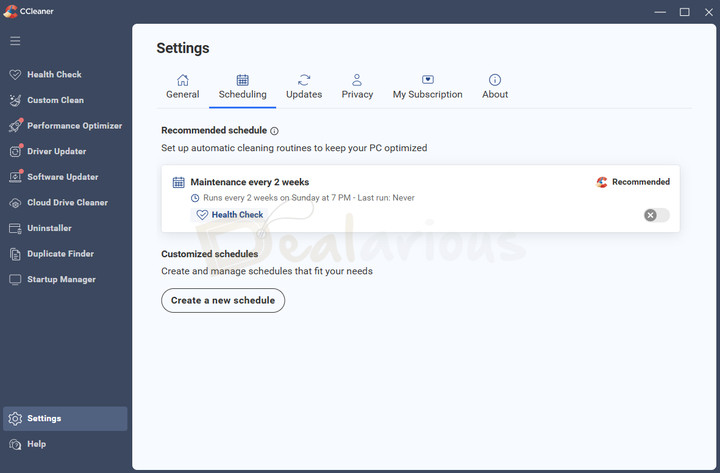CCleaner 7 Scheduling settings showing recommended maintenance and custom cleaning schedules