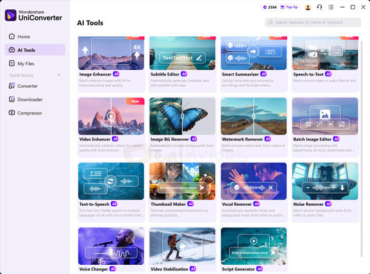 Wondershare UniConverter AI tools dashboard showing features like image enhancer, subtitle editor, and background remover