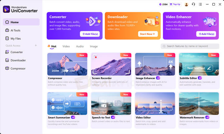 Wondershare UniConverter main interface showing video conversion tools and format options