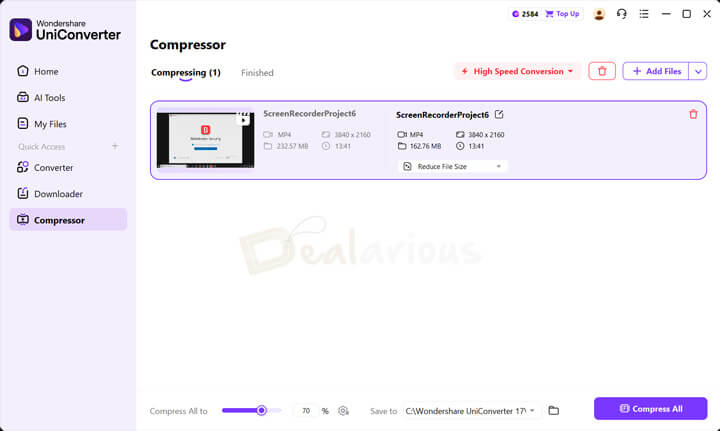 Wondershare UniConverter compressor interface showing video compression in progress with file size reduction