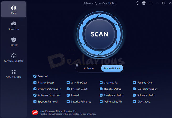 Advanced SystemCare 19 Pro home screen with scan button, AI and manual scan modes, and PC optimization tools