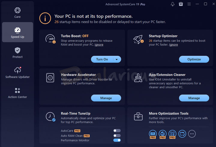 Advanced SystemCare 19 Pro Speed Up tab showing Turbo Boost, Startup Optimizer, and Real-Time TuneUp options