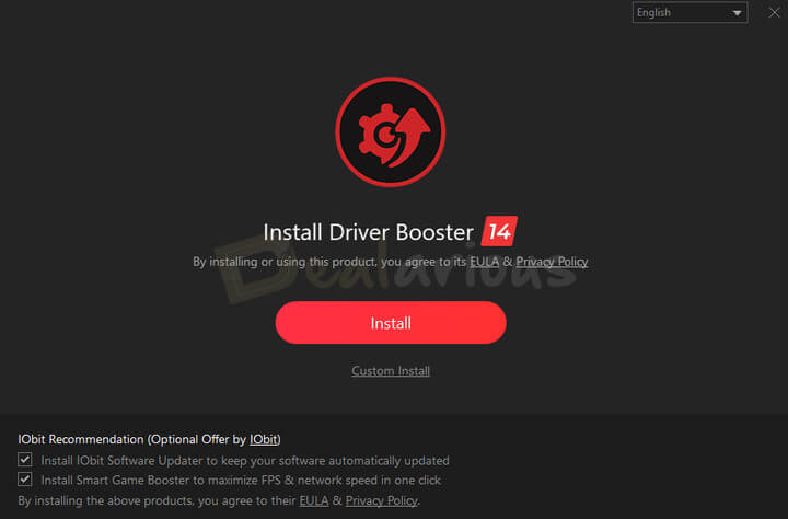 Driver Booster 14 installation screen with Install and Custom Install options