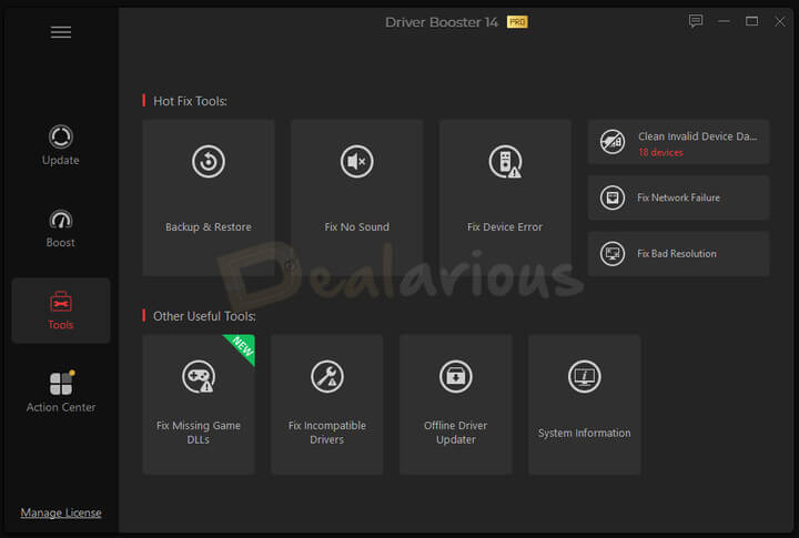 Driver Booster 14 Pro Tools tab with fixes for device, sound, network, display, missing DLL, and driver issues