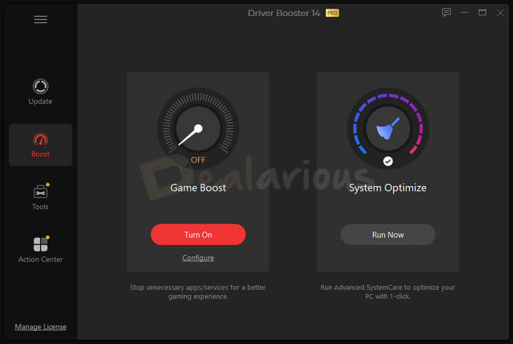 IObit Driver Booster 14 Pro Boost interface showing Game Boost and System Optimize options