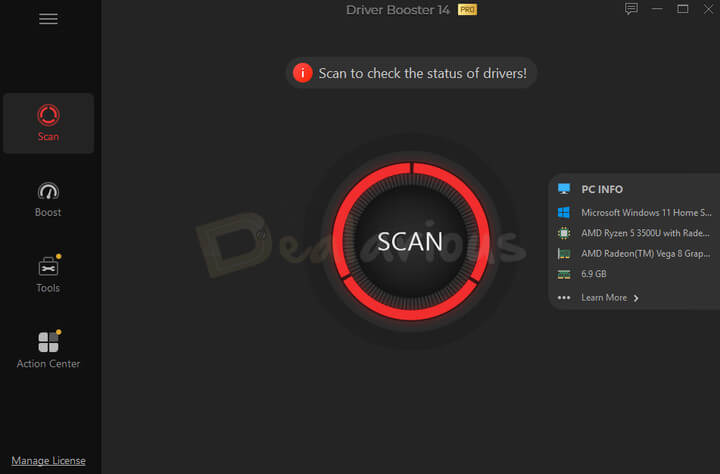 Driver Booster 14 main screen showing the Scan option and PC information