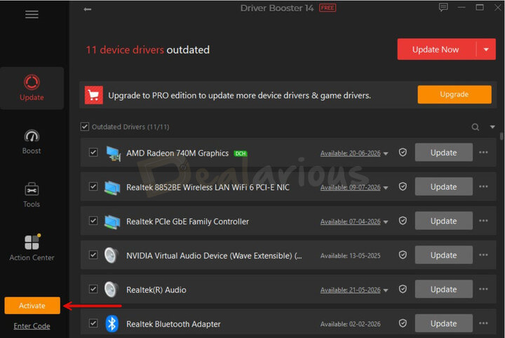 Driver Booster 14 scan showing 11 outdated drivers with the Activate and Enter Code options highlighted