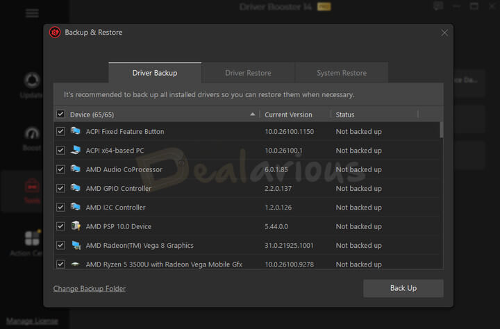 Driver Booster 14 Backup and Restore screen for backing up and restoring device drivers
