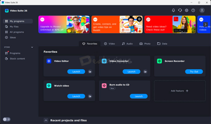 Movavi Video Suite 2026 main dashboard showing Favorites section with Video Editor, Converter, and Screen Recorder tools.