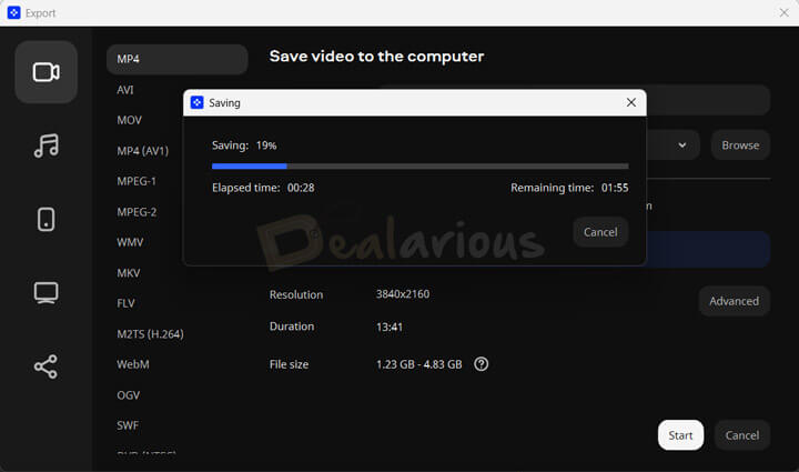 Movavi Video Suite export progress window showing 4K video rendering performance.