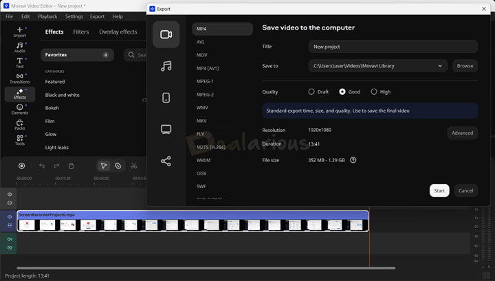 Movavi Video Suite export window showing video format options, resolution, and quality settings.