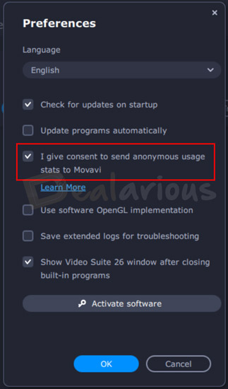 Movavi Video Suite preferences window showing anonymous usage data consent option enabled by default.