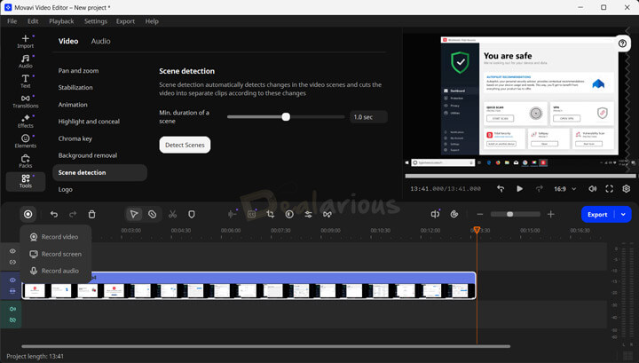 Movavi Video Suite 2026 video editor workspace showing timeline, scene detection, and background removal tools.