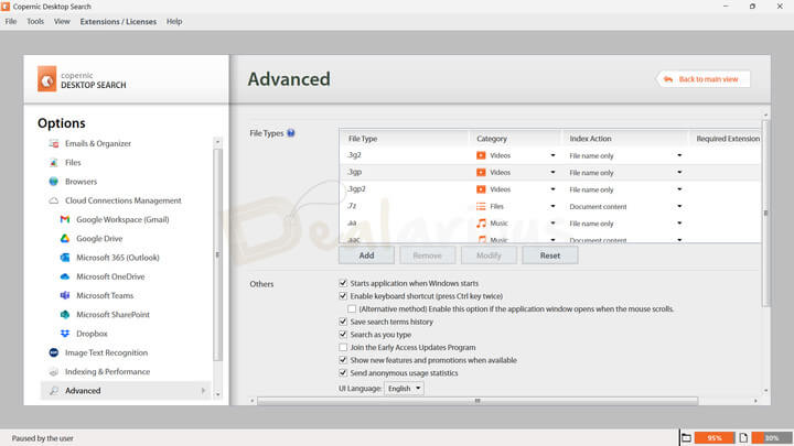 Copernic Desktop Search Advanced Settings panel showing file type options and checkbox-based advanced options for customization.