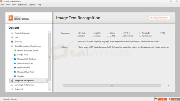 Image Text Recognition panel with 11 languages to tick.