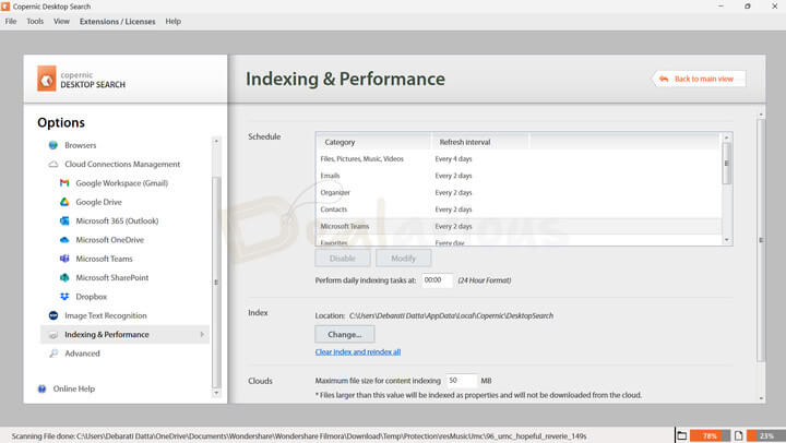 Indexing and & Performance panel allowing you to schedule a scan, change the index location, and add a maximum cloud content indexing limit.