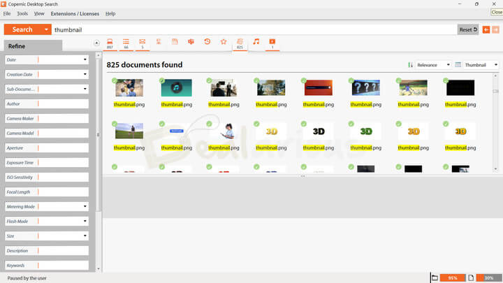 Copernic Desktop Search dashboard with search bar at top, search results below, and search refinement options in the left panel.