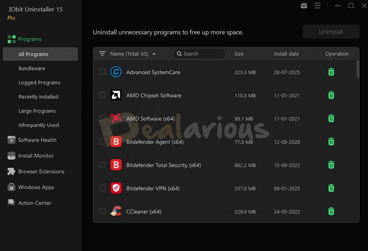 Iobit Uninstaller Pro interface