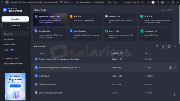 User interface of Wondershare PDFelement 13 showing Quick Tools, Recent Files and Left side menu options