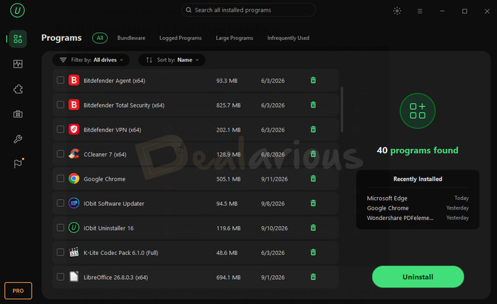 IObit Uninstaller 16 Programs interface showing installed applications and uninstall options