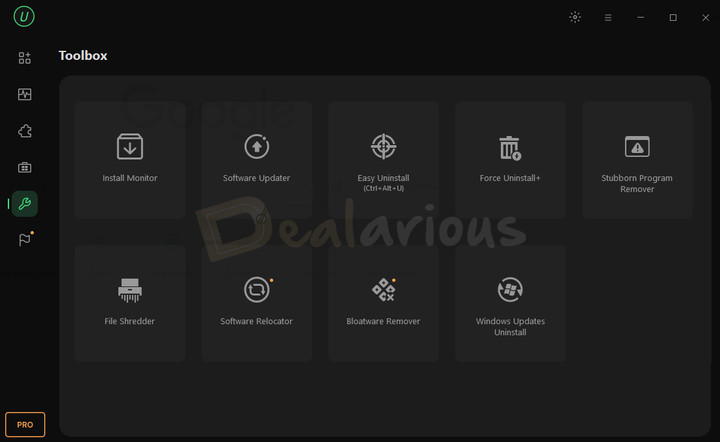 IObit Uninstaller 16 Toolbox interface showing uninstall, software update, file shredder, and other tools