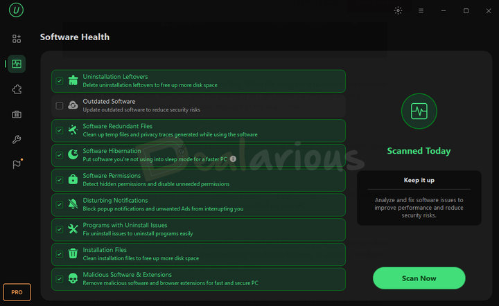 IObit Uninstaller Software Health interface showing software health results across the selected areas