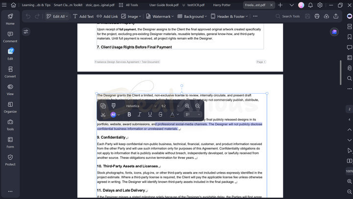 PDFelement 13 editing agreement text in a PDF