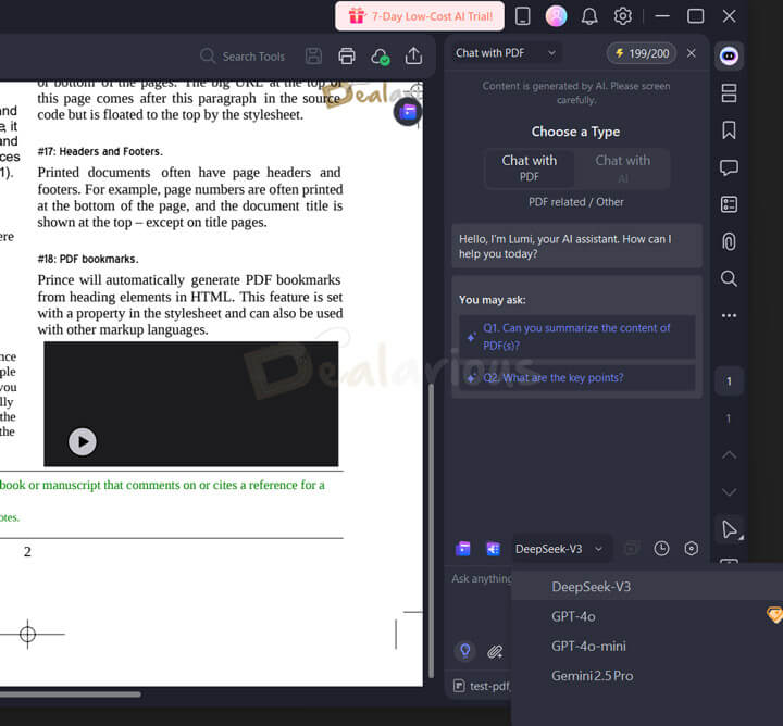 Screenshot of Wondershare PDFelement 12 interface showing the AI Chat with PDF panel and available AI models like DeepSeek-V3, GPT-4o, and Gemini 1.5 Pro.