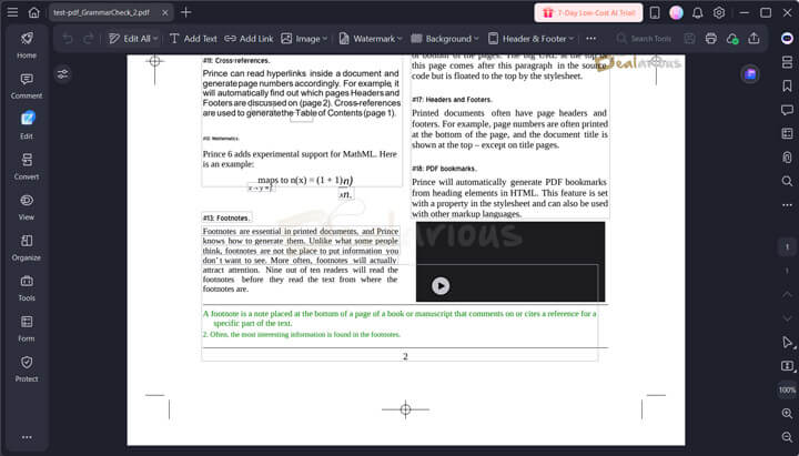 Screenshot of Wondershare PDFelement 12 workspace showing PDF footnotes editing and layout tools in use.