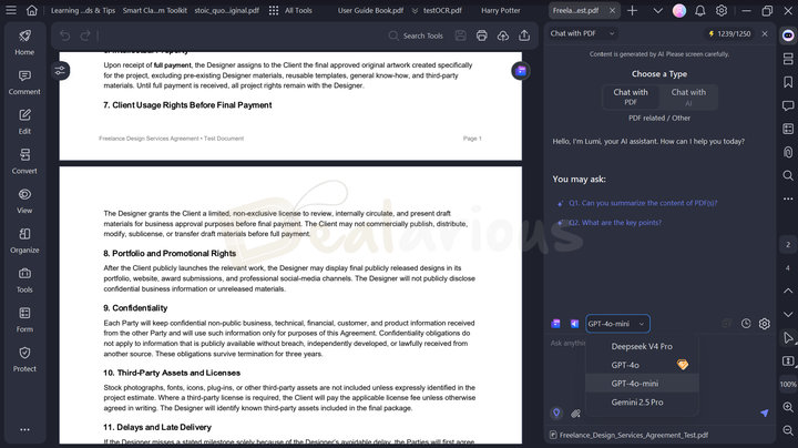 Wondershare PDFelement 13 AI Chat with PDF interface showing a document alongside an AI assistant for asking questions about the PDF