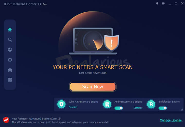 IObit Malware Fighter 13 Pro dashboard showing protection status and smart scan prompt