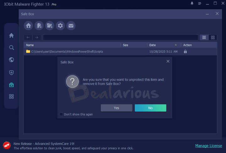 IObit Malware Fighter Safe Box showing confirmation prompt to unprotect a file