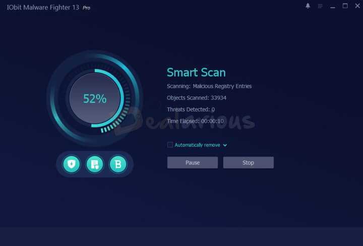 Smart Scan in progress on IObit Malware Fighter 13 Pro showing scanned objects and time elapsed