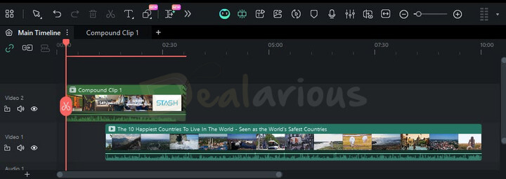 Filmora 15 dual timeline editing interface with a compound clip shown on the timeline