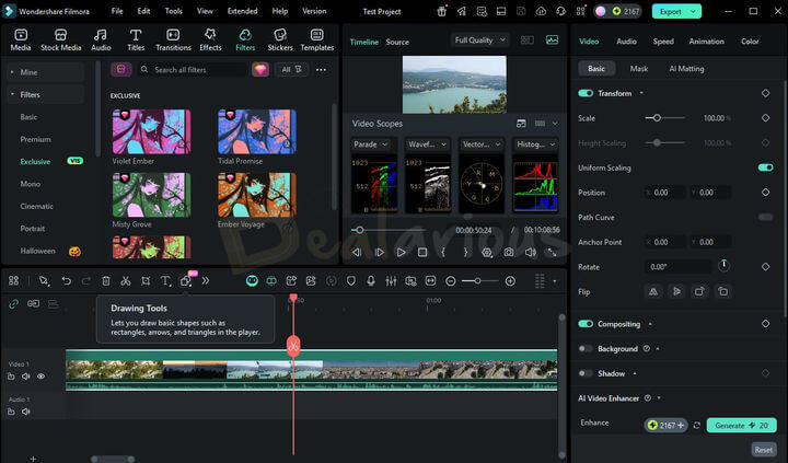 Wondershare Filmora 15 editing window showing timeline, preview panel, and media library for video editing.