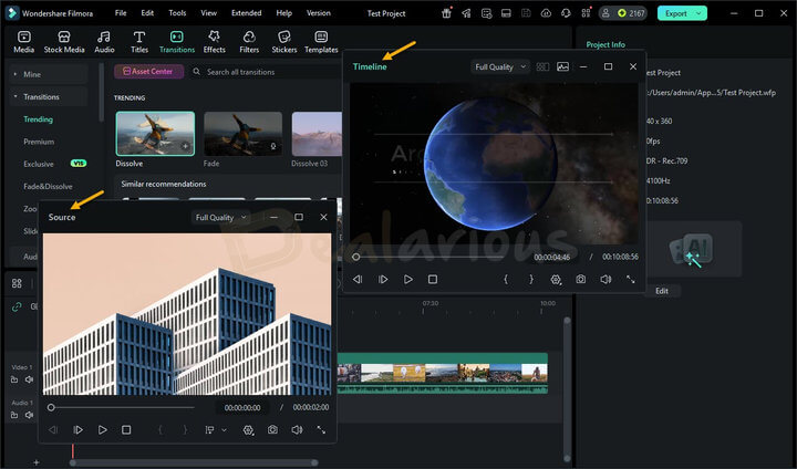 Wondershare Filmora 15 new source and timeline preview editing feature with dual video panels, part of its upgraded video editing interface