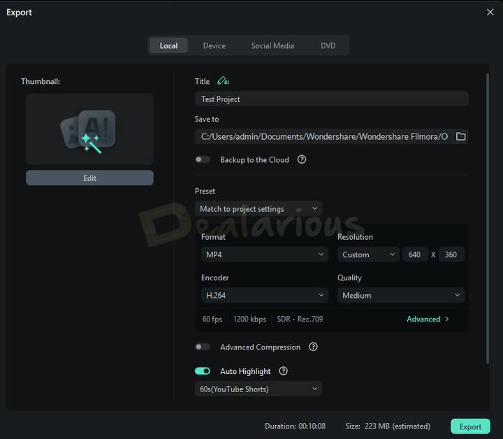 Filmora 15 Export panel displaying multiple output options including formats, devices, and online sharing.