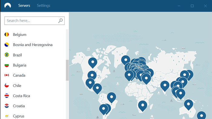 NordVPN homescreen with maps