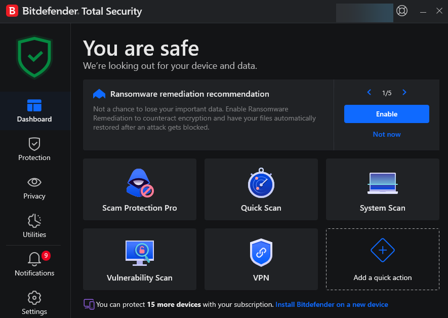 Bitdefender Premium Security dashboard showing Scam Protection Pro
