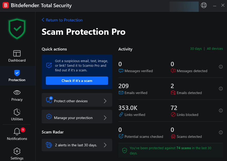 Bitdefender Scam Protection Pro dashboard